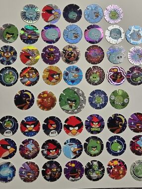 Lot of 52 vintage Angry Birds Tazos pogs or caps mostly good condition minor fla